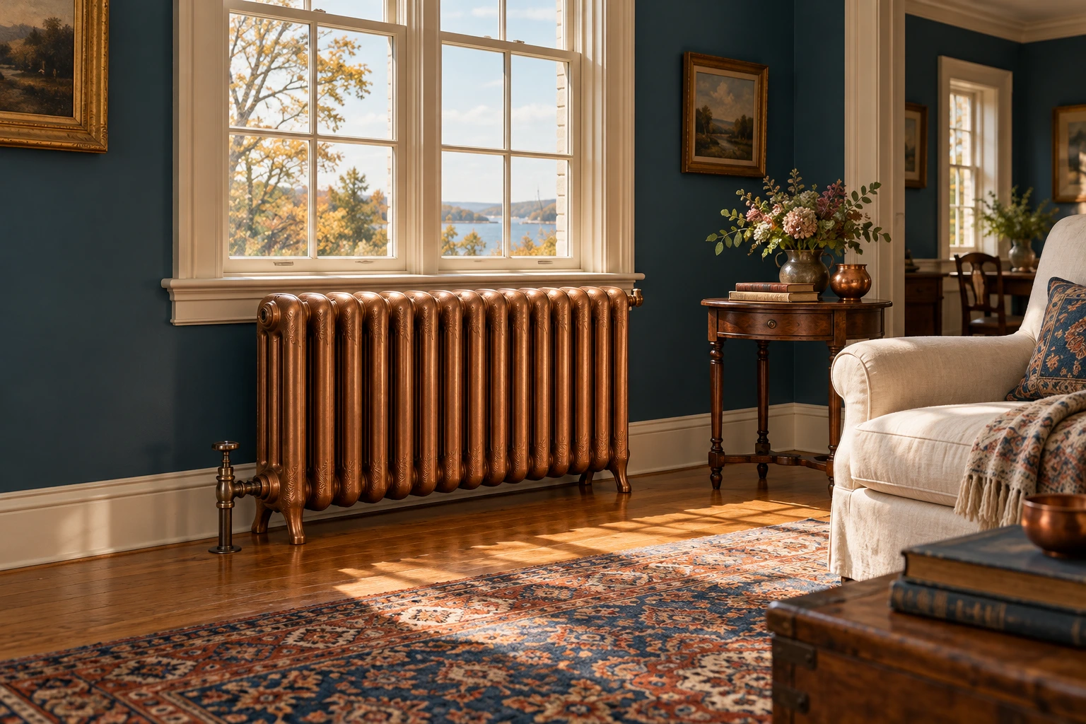 Illustrated copper-finished cast iron radiator coordinated with blue walls and warm furnishings in an old New England home