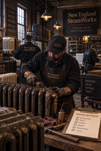 Illustrated craftsperson working on a cast iron radiator in the New England SteamWorks workshop