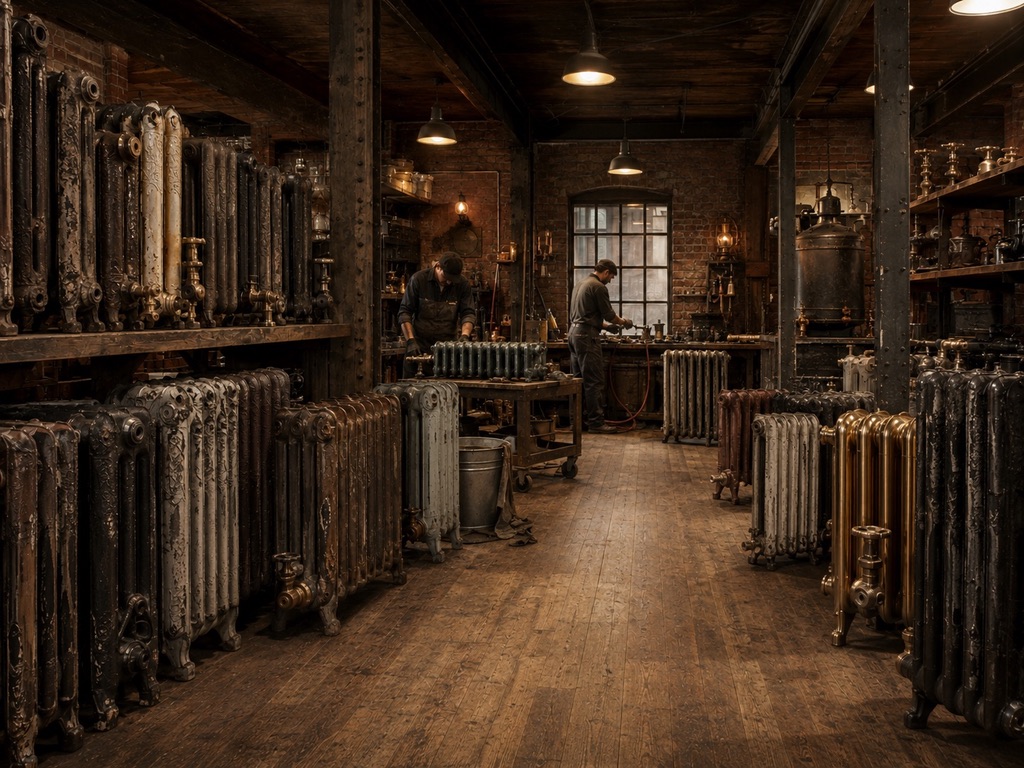Illustrated cast-iron radiator workshop with two craftspeople working under warm lamps