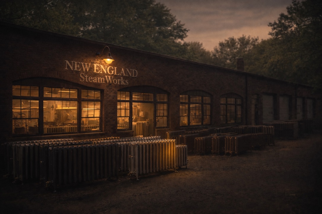 Illustrated New England SteamWorks brick workshop at dusk, with warm windows and rows of cast iron radiators
